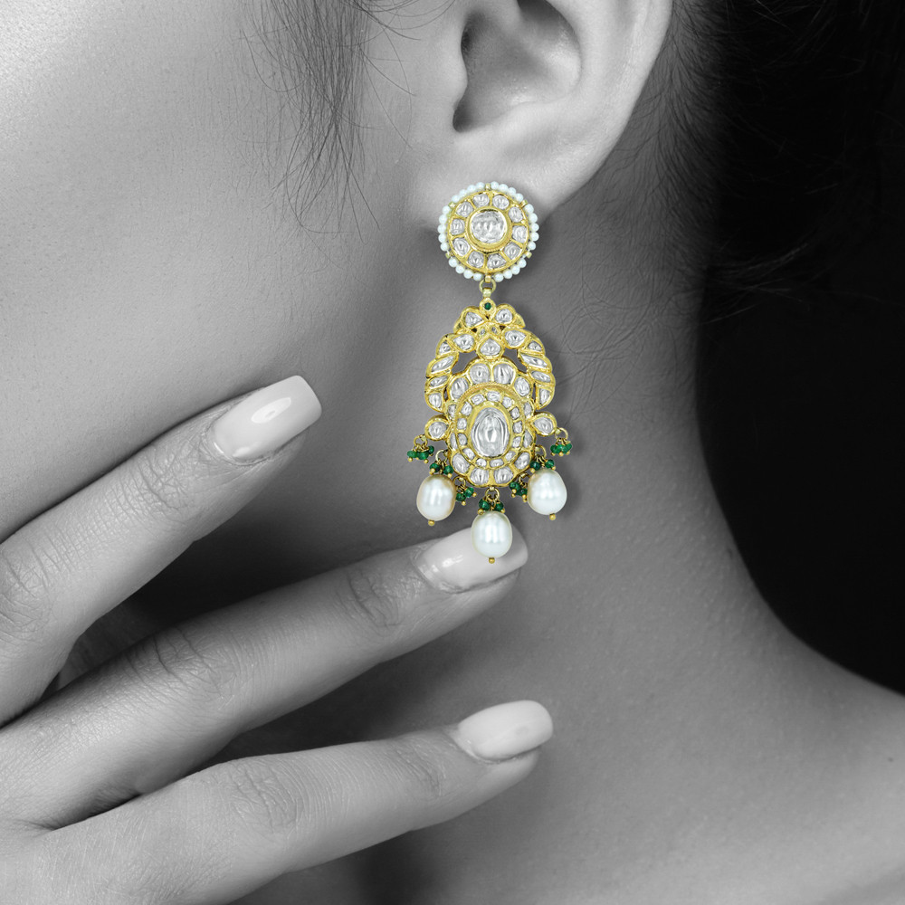 Polki Earrings with Pearls and Emerald Beads